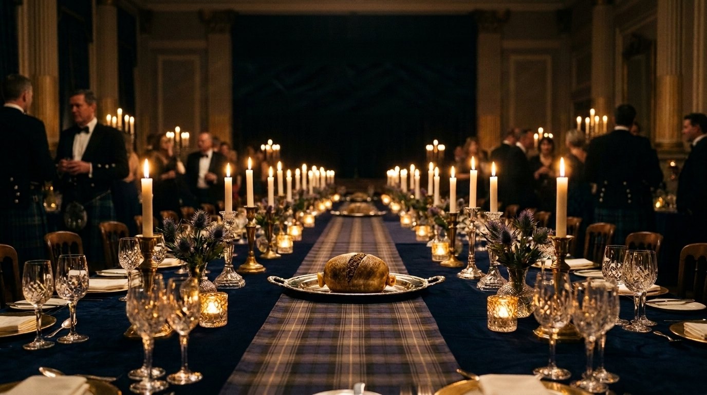 Candlelit Burns Supper banquet table set with tartan, thistle and crystal